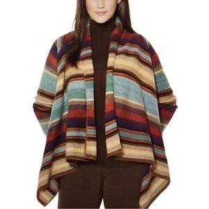 Ralph Lauren LRL Wool Linen Cardigan Tribal Striped Sweater Wrap Poncho Shawl